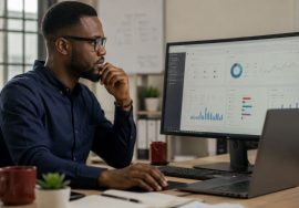 Nigerian marketing professional reviewing website search performance data on a desktop monitor in a modern office.