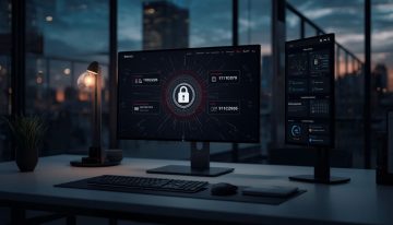 IT professional reviewing website domain security metrics and SSL encryption status on desktop monitors in a modern office.