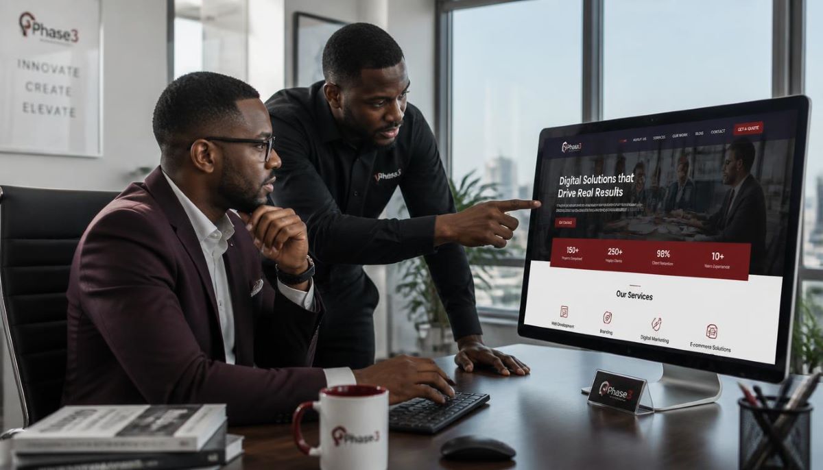 A Black African business executive reviewing a website layout on a desktop monitor with a web consultant in a contemporary Lagos office