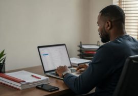Nigerian business owner reviewing a business proposal on a laptop in a modern office, illustrating the shift from Gmail to professional business email