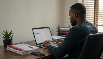 Nigerian business owner reviewing a business proposal on a laptop in a modern office, illustrating the shift from Gmail to professional business email