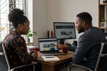 A Lagos business owner and web design consultant reviewing website mockups together during a project consultation.