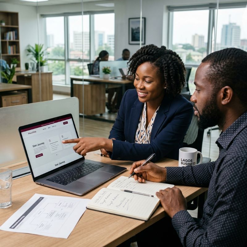 African entrepreneur reviewing an improved business website on a laptop in a modern Nigerian office