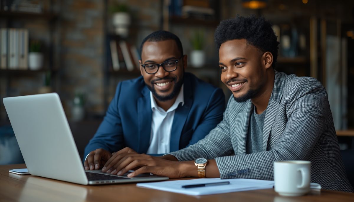 A business executive reviewing a custom website layout on a monitor alongside a web professional in a modern office