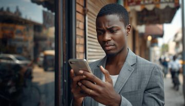 Nigerian small business owner checking their Google Business Profile listing on a smartphone outside their storefront.