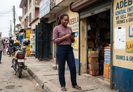 Lagos business owner checking her shop's Google Maps listing on her phone outside her storefront.
