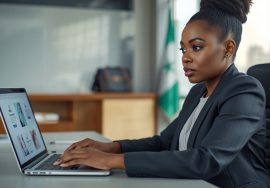 Abuja business owner reviewing her company website's enquiry page on a laptop in a corporate office.